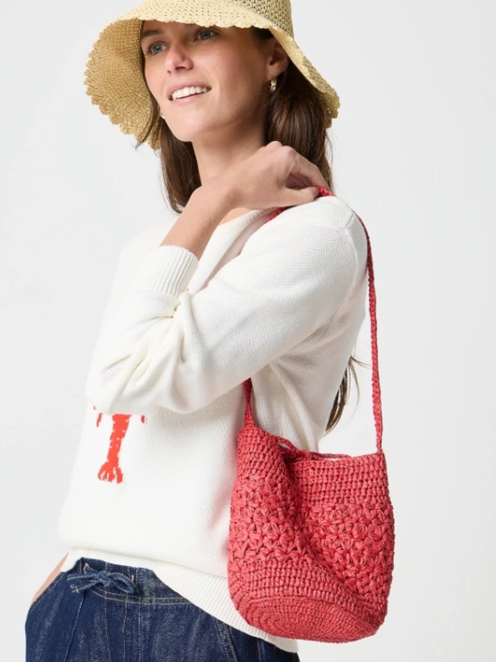 J crew vibrant red Floral woven bucket bag